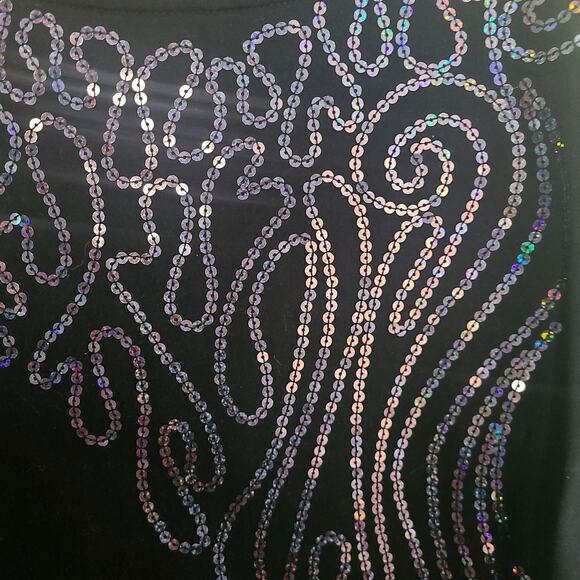 VTG Bob Mackie Wearable Art Black Sequin Holographic 3/4 Sleeve Cotton Top L - Picture 6 of 10